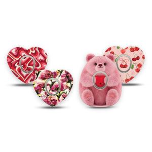 ExpressionMed Bear Hugs Dexcom G7 and Dexcom Stelo Glucose Biosensor System Heart, 4-Pack Tape and 4-Pack Sticker, Pinks and reds Vinyl Decoration for CGM