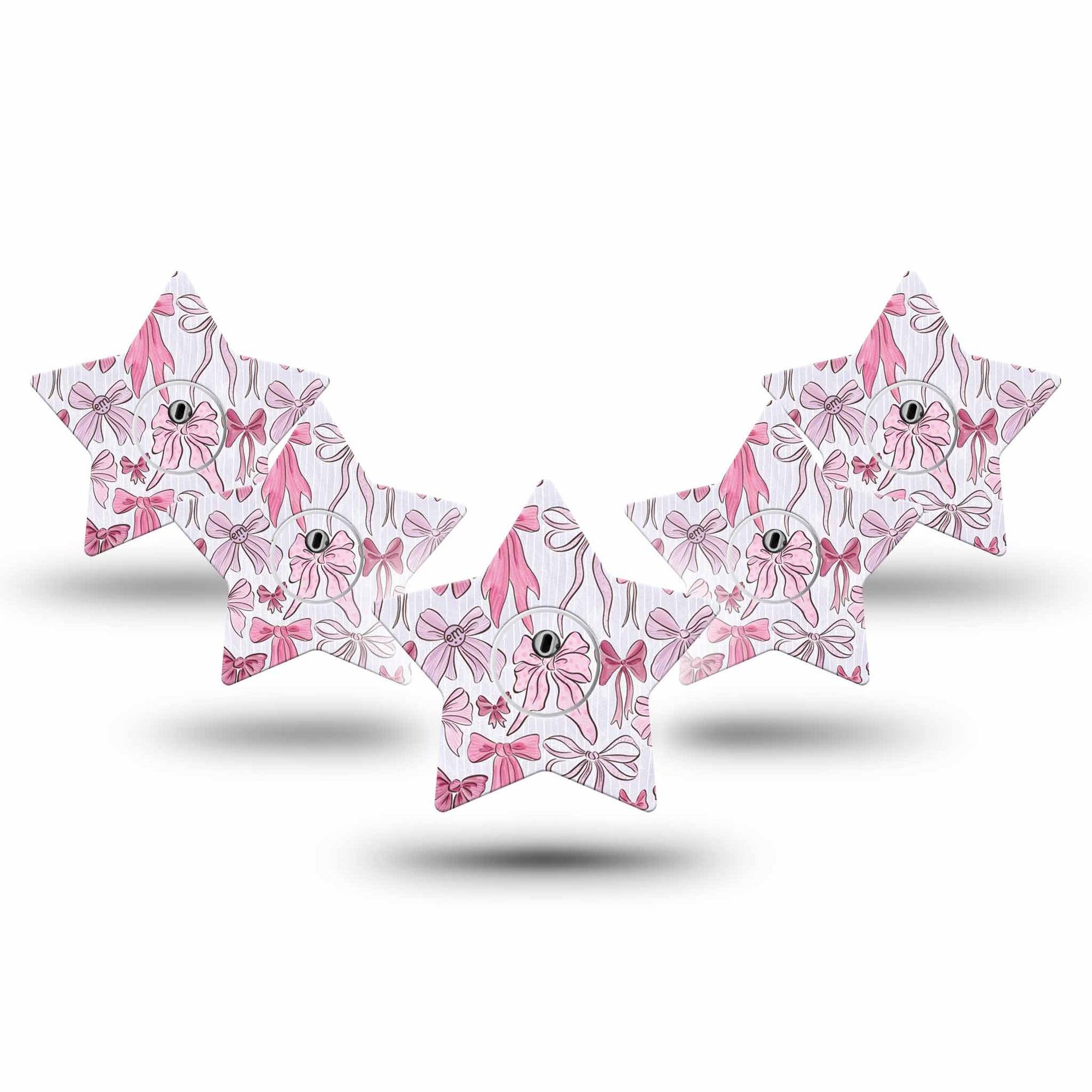 ExpressionMed Bows and Ribbons Freestyle Libre 3 and Libre 3 Plus Star Shape Tape 5-Pack Tape and 5-Pack Sticker Dainty Pink Stripes And Hair Bow Pattern, Patch CGM Design