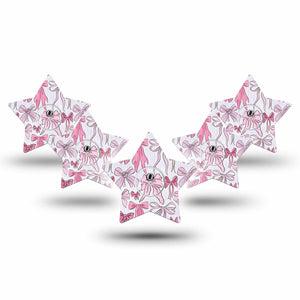 ExpressionMed Bows and Ribbons Freestyle Libre 3 and Libre 3 Plus Star Shape Tape 5-Pack Tape and 5-Pack Sticker Dainty Pink Stripes And Hair Bow Pattern, Patch CGM Design