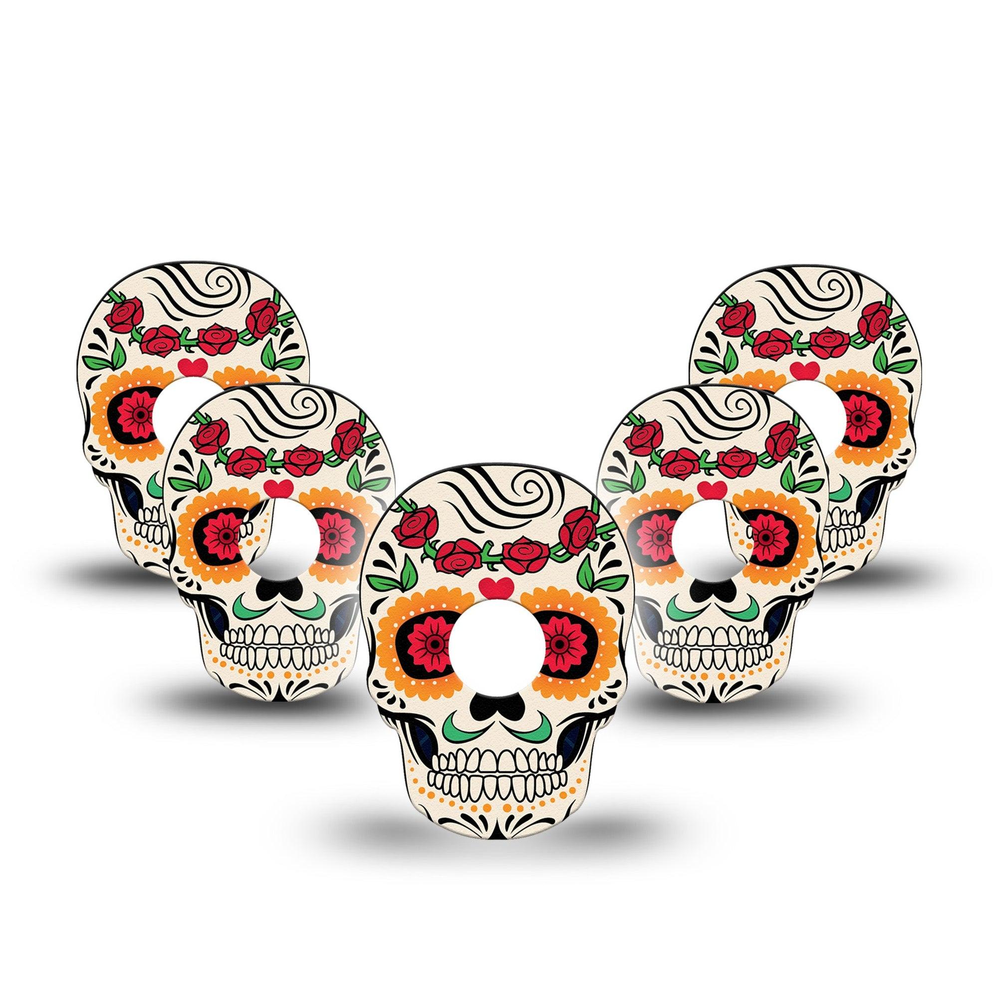 ExpressionMed Dia De Los Muertos Freestyle Libre 3 Skull Shape Tape 5-Pack Colorful Art Skull Patch CGM Design