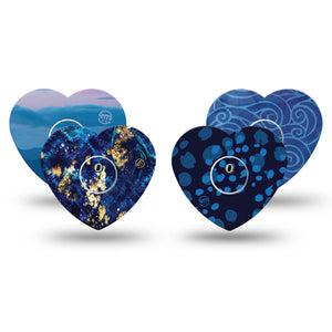 ExpressionMed Deep Currents Variety Pack Freestyle Libre 3 and Libre 3 Plus Heart Shape Tape 4-Pack Tape and 4-Pack Sticker Variety, Moody Blue Geometrical Patterns, Patch CGM Design