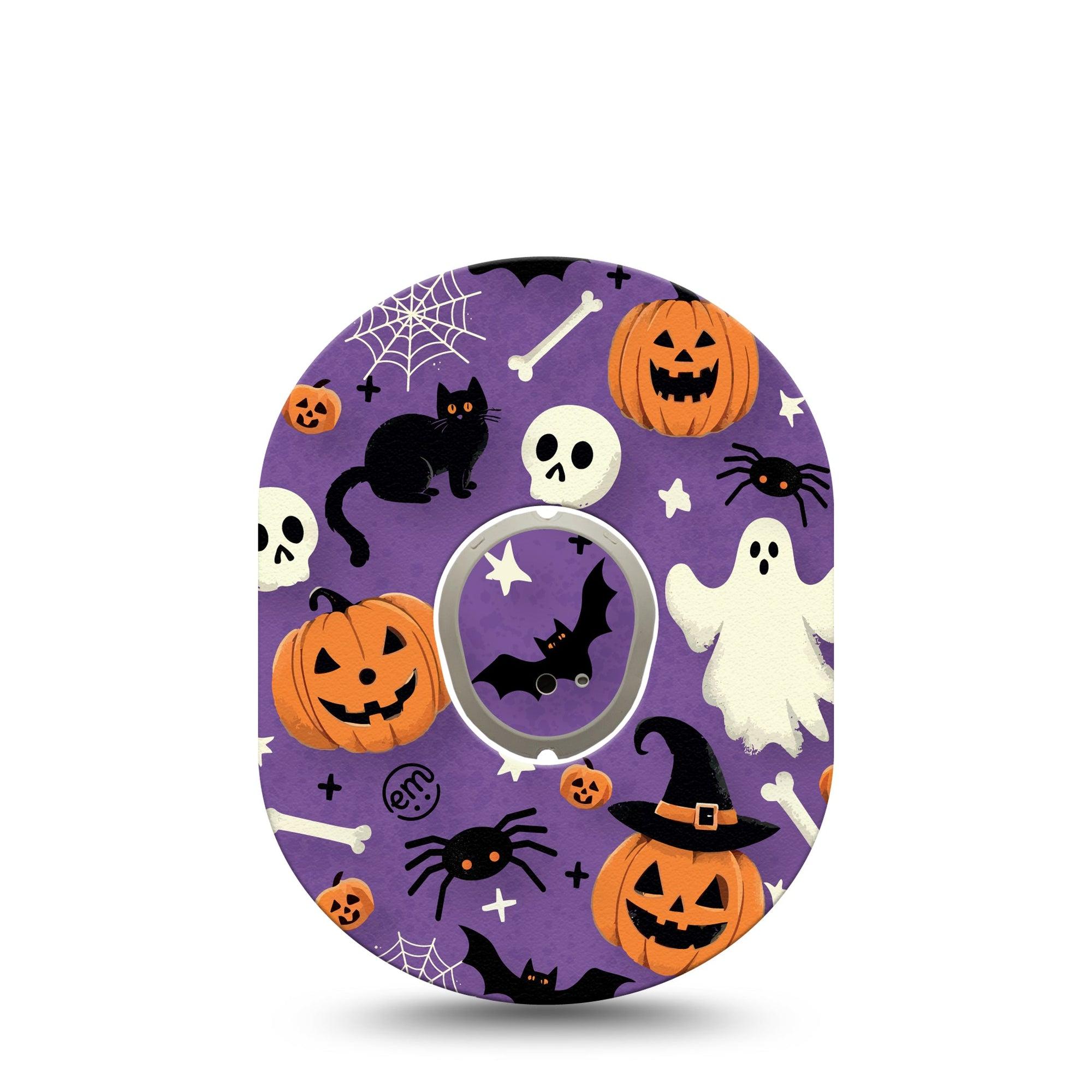 ExpressionMed Happy Halloween Dexcom G7 Tape, Dexcom Stelo Glucose Biosensor System,  Single Tape and Single Sticker Black Cat Spooky Spiders Overlay Tape Continuous Glucose Monitor Design