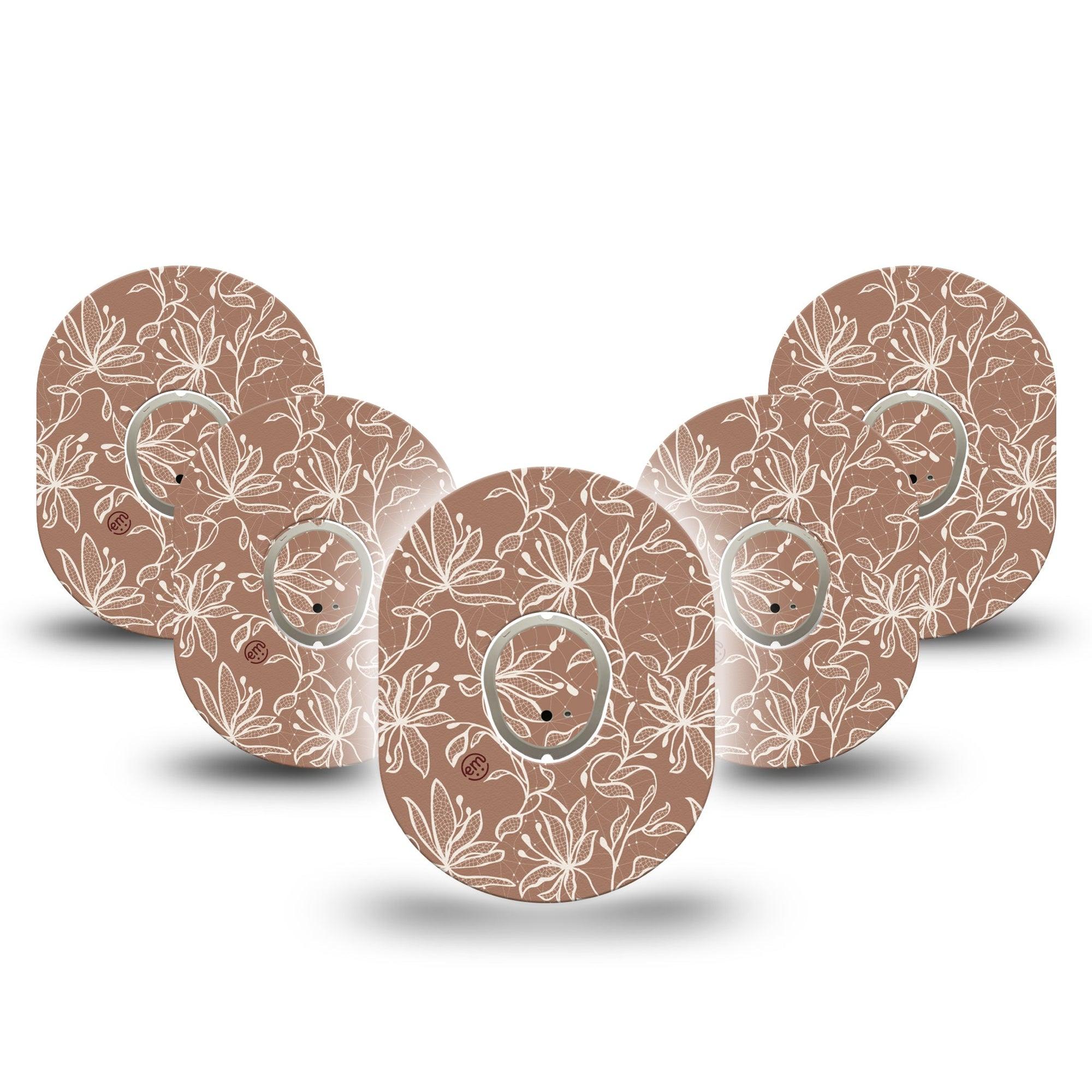 ExpressionMed Mocha Mousse Lace Dexcom G7 Tape, Dexcom Stelo Glucose Biosensor System, 5-Pack Tape and 5-Pack Sticker Summer Floral Mocha, Overlay Tape CGM Design