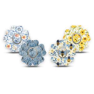 ExpressionMed Sunny Coast Dexcom G7 and Dexcom Stelo Glucose Biosensor System Flower, tape and sticker  Blue shells yellow bees and flowers Fixing Ring Patch for CGM