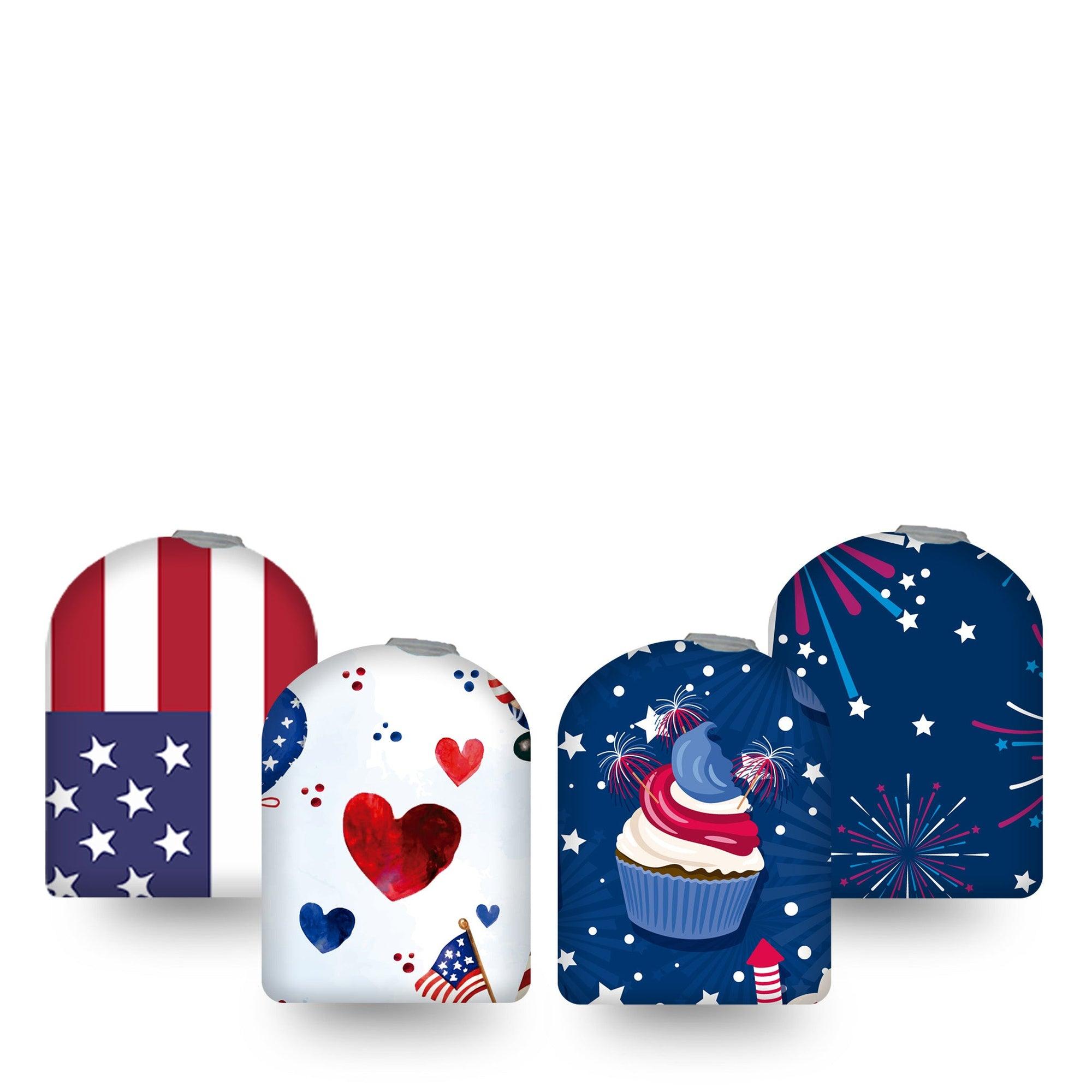 ExpressionMed July Celebration Omnipod Full Wrap Center Sticker 4-Pack Variety Cartoon like Fourth of July Theme Vinyl Decoration Pump Design