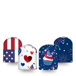 ExpressionMed July Celebration Omnipod Full Wrap Center Sticker 4-Pack Variety Cartoon like Fourth of July Theme Vinyl Decoration Pump Design