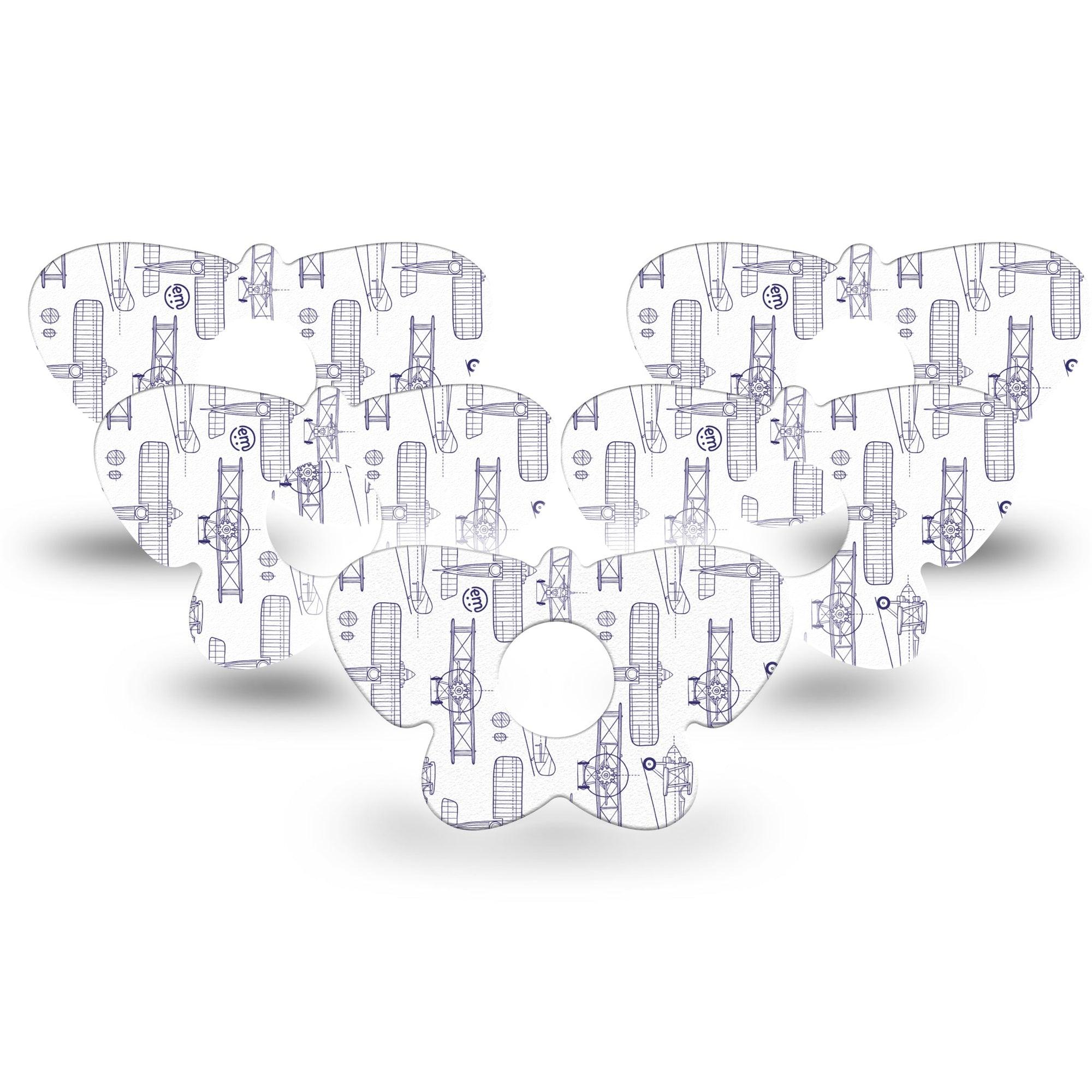 ExpressionMed Airplane Freestyle Libre 3 and Libre 3 Plus Butterfly Shape Tape 5-Pack Tape Navy Stenciled Planes, Overlay Patch CGM Design