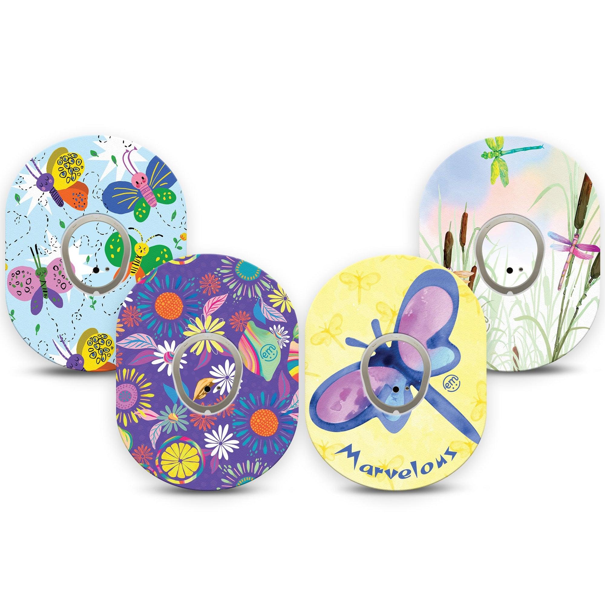 ExpressionMed Graceful Gliders Variety Pack Dexcom G7 Tape, Dexcom Stelo Glucose Biosensor System, 4-Pack Tape and 4-Pack Sticker Dragonflies And Florals, Overlay Tape CGM Design