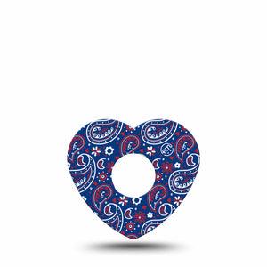 ExpressionMed Independence Paisley Freestyle Libre 3 and Libre 3 Plus Heart Shape Tape Single Tape Blue Red White Paisley Print, Patch CGM Design