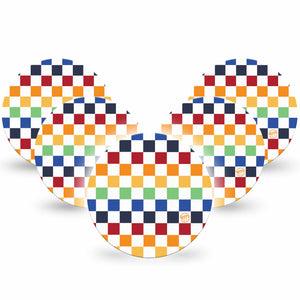 ExpressionMed Rainbow Checkerboard Freestyle Libre and Libre 2 Plus Overpatch, Abbott Lingo, 5-Pack Tape Rainbow Grid Pattern, Fixing Ring Patch CGM Design
