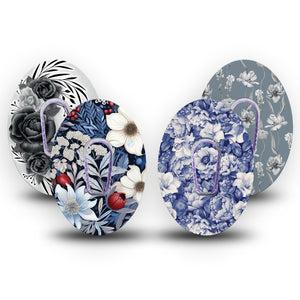 ExpressionMed Arctic Flora Variety Pack Dexcom G6 Sticker and Tape Muted Tone Blue Florals, Vinyl Sticker and Tape Design CGM Design