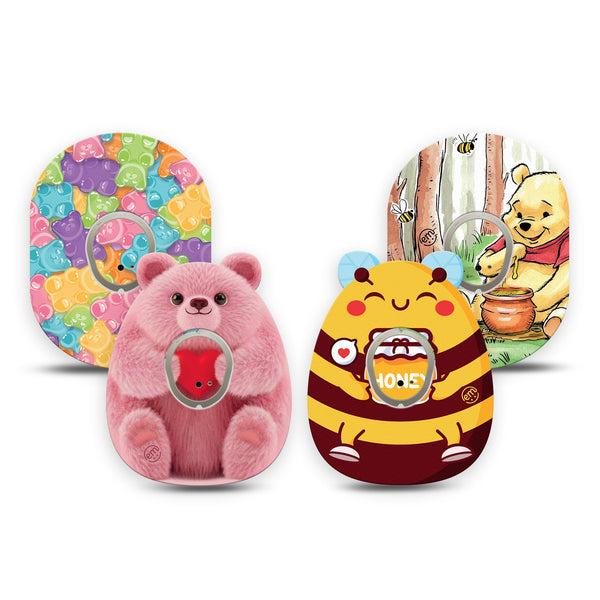 ExpressionMed Bear Necessities Dexcom G7 and Dexcom Stelo Glucose Biosensor System, 4-Pack Tape and 4-Pack Sticker, Honey bear Decorative Decal for CGM