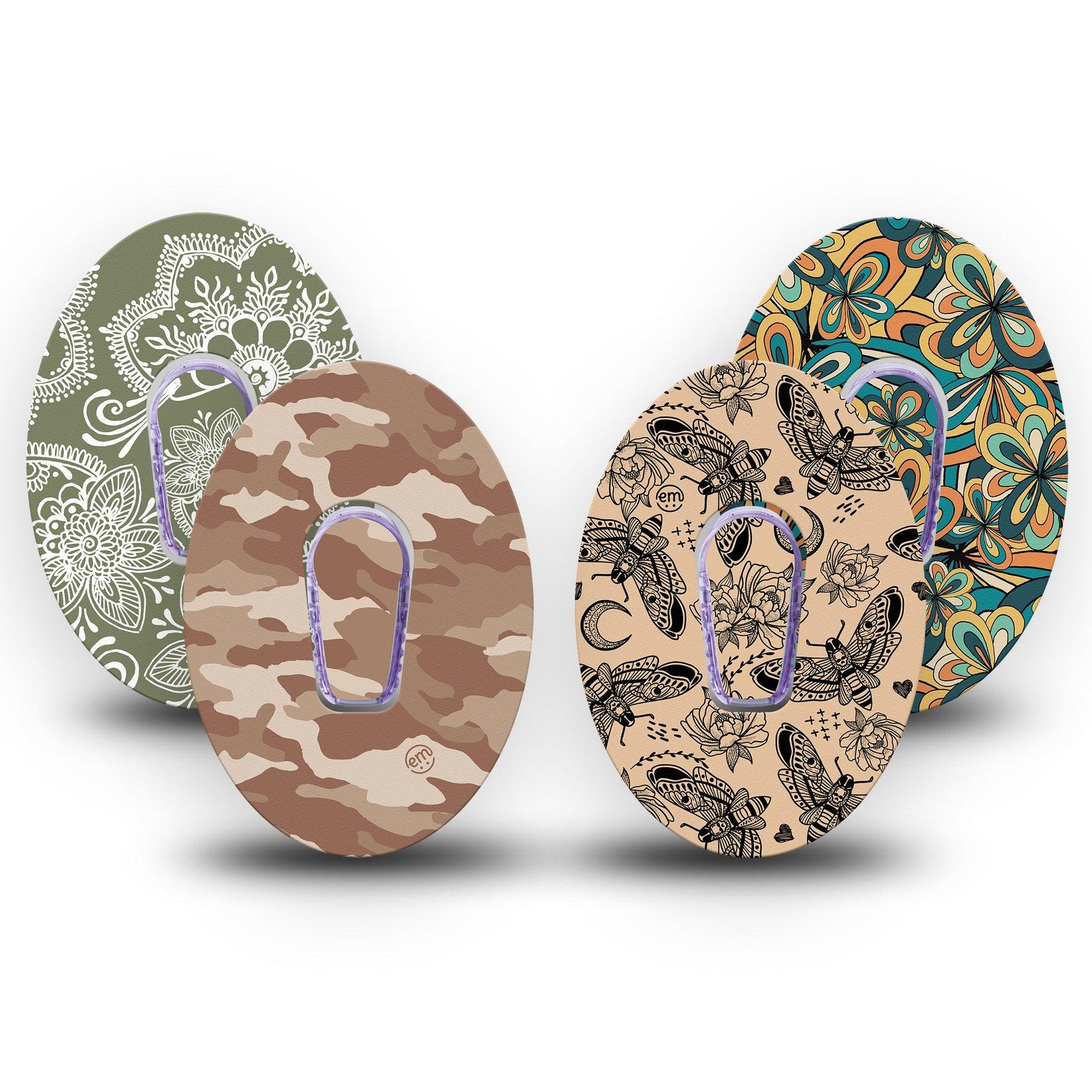 ExpressionMed Khaki Florals Variety Pack Dexcom G6 Tape 4-Pack Tape and 4-Pack Sticker Variety Edgy Earth Tone Patterns, Plaster Continuous Glucose Monitor Design