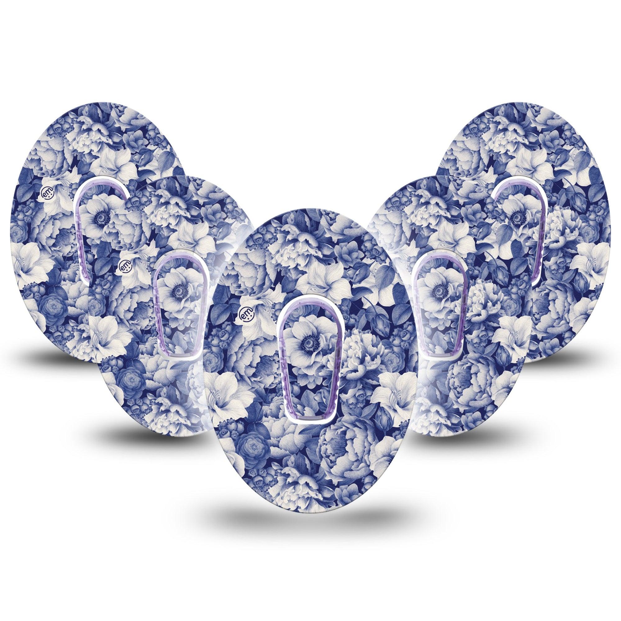 ExpressionMed Moody Blues Dexcom G6 Tape 5-Pack Tape and 5-Pack Sticker Navy Blue Rose Bouquet, Plaster CGM Design