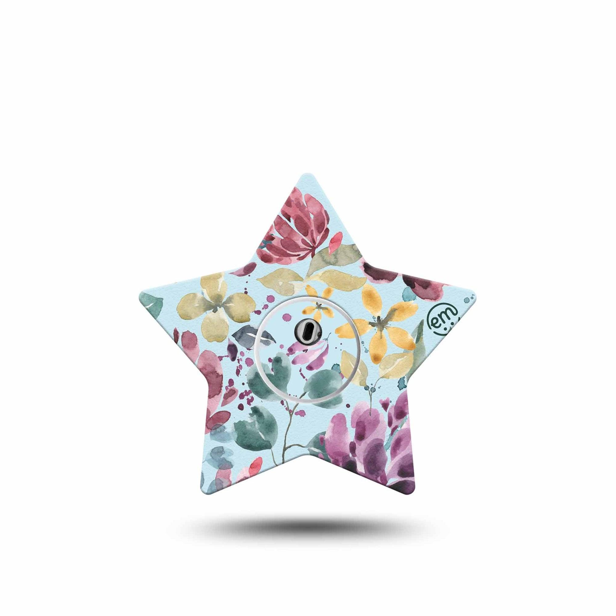 ExpressionMed Botanical Blooms Freestyle Libre 3 Star Shape Tape Single Tape and Single Sticker Watercolored Splash Flowers Themed Patch CGM Design