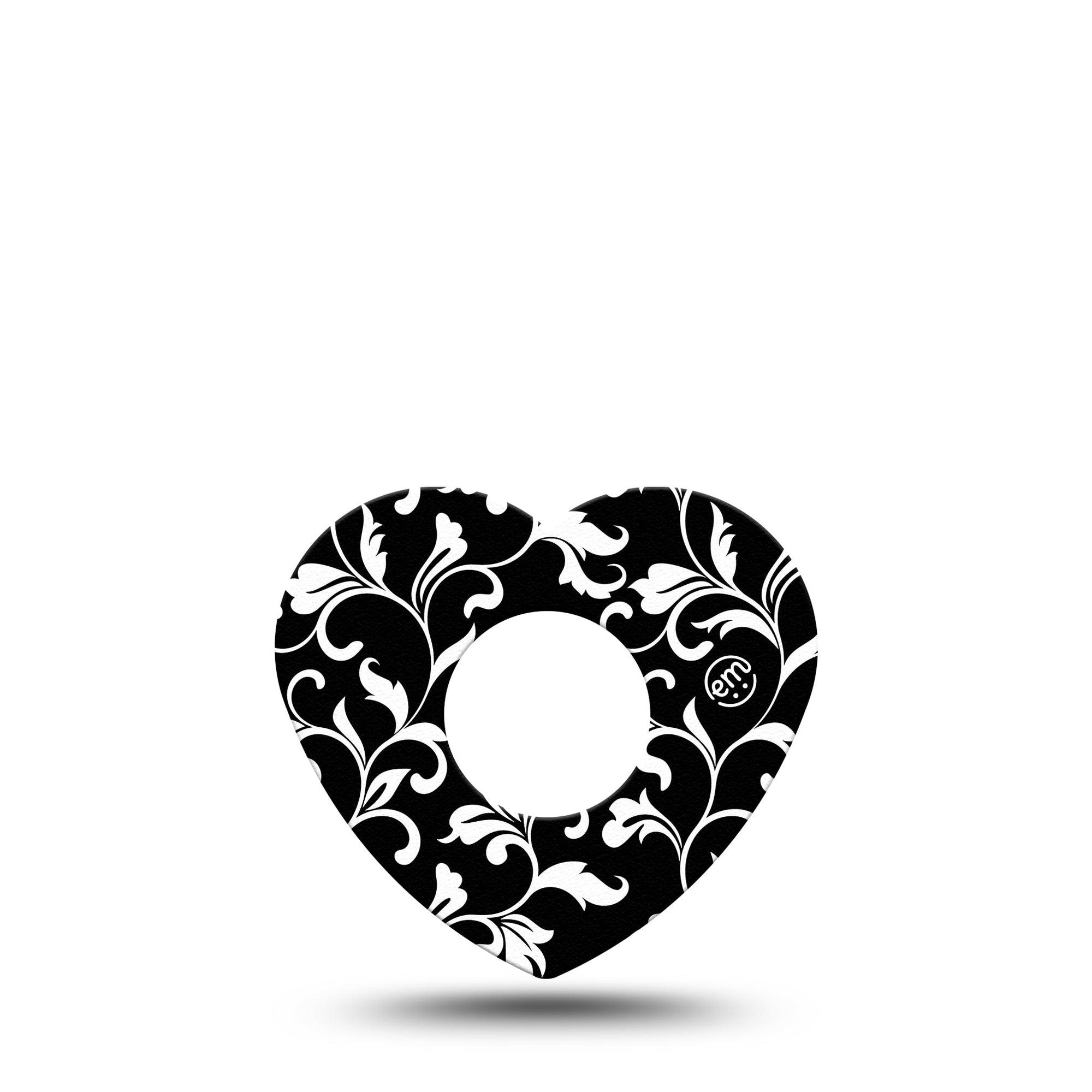 ExpressionMed Fleur de lis Infusion Set Heart Shape Tape 5-Pack Black and white floral Adhesive Patch Continuous Glucose Monitor Design