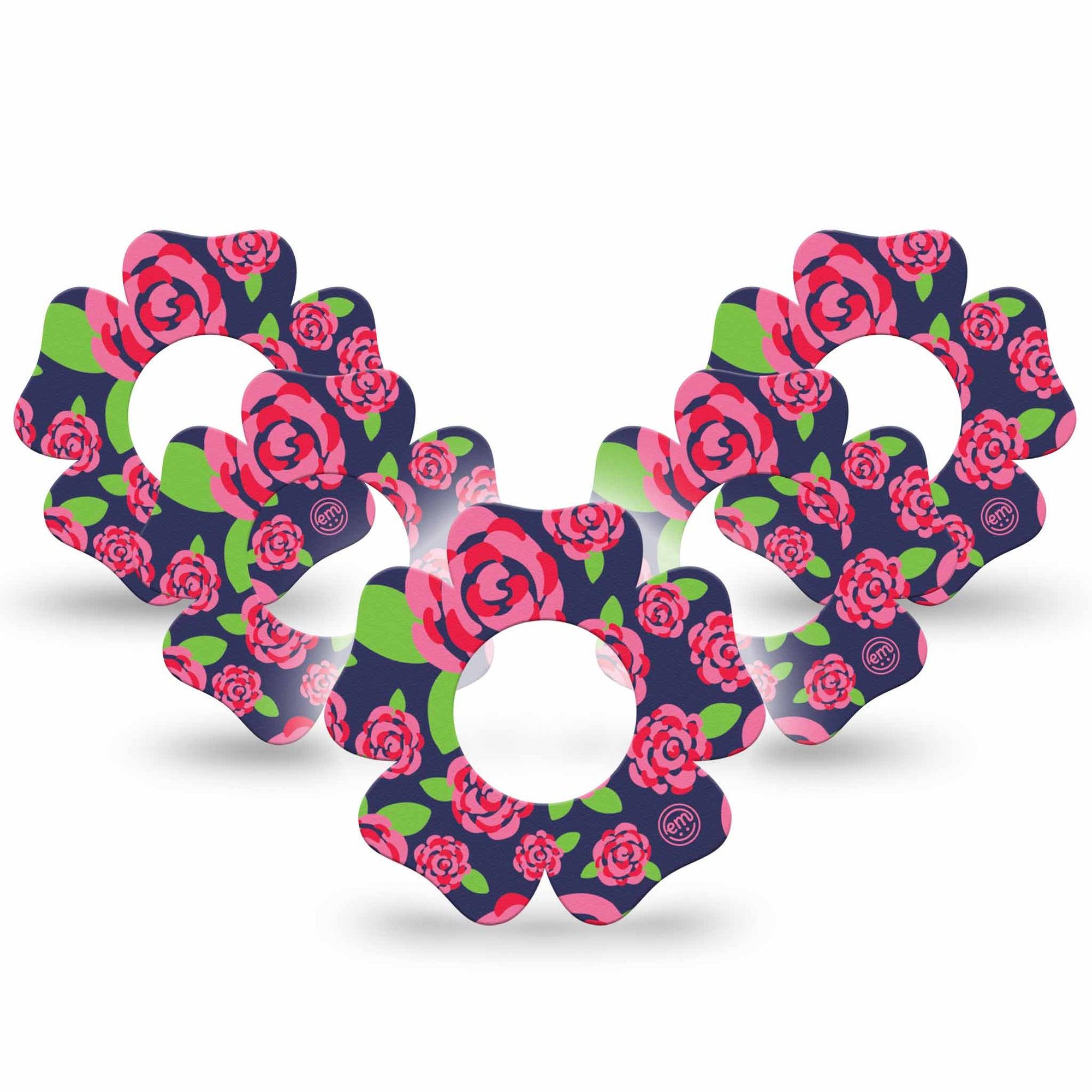 ExpressionMed Pretty Pink Roses Freestyle Libre 2 and Libre 2 Plus Flower Shape Tape, Abbott Lingo,  5-Pack Tape Elegant Roses, Fixing Ring Tape CGM Design