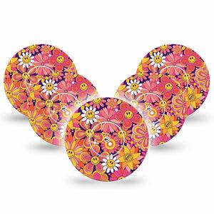 ExpressionMed Groovy Freestyle Libre Tape, Abbott Lingo,  5-Pack Tape and 5-Pack Sticker Orange Pink Daisies Fixing Ring Tape Continuous Glucose Monitor Design