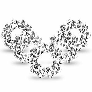 ExpressionMed Custom Black and White Floral Freestyle Libre 2 and Libre 2 Plus Flower Shape Tape, Abbott Lingo, 5-Pack  Tape Artistic Florals Plaster CGM Design