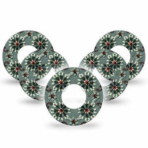 ExpressionMed Green Embroidery Freestyle Libre and Libre 2 Plus Tape, Abbott Lingo, 5-Pack Tape Autumn Winter Style Embroidery, Fixing Ring Tape Continuous Glucose Monitor Design