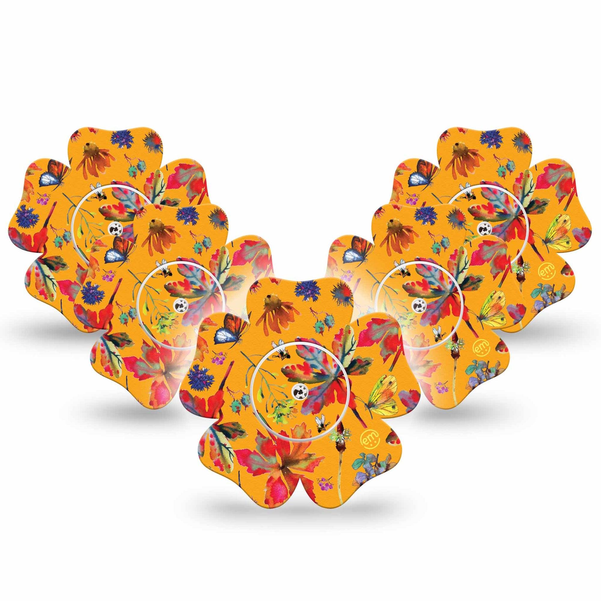 ExpressionMed Buzzing Wings Freestyle Libre 2 and Libre 2 Plus Flower Shape Tape, Abbott Lingo,  5-Pack Tape and 5-Pack Sticker Vibrant Wings, Fixing Ring Tape CGM Design