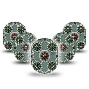 ExpressionMed Green Embroidery Dexcom G7 Tape, Dexcom Stelo Glucose Biosensor System, 5-Pack Tape and 5-Pack Sticker Embroidered Florals, Overlay Tape CGM Design