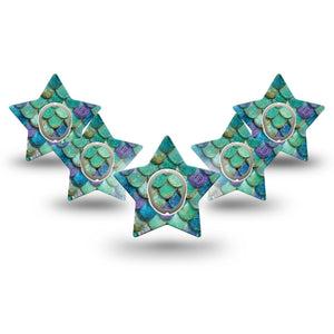 ExpressionMed Mermaid Scales Dexcom G7 and Dexcom Stelo Glucose Biosensor System Star, 5-Pack Tape and 5-Pack Sticker fantasy sea pattern Plaster for Continuous Glucose Monitor