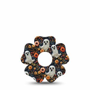 ExpressionMed Embroidered Ghost Freestyle Libre 3 and Libre 3 Plus Flower Shape Tape, Single Tape Ghost Halloween Stitch Inspired, Overlay Tape CGM Design