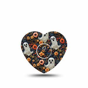 ExpressionMed Embroidered Ghost Freestyle Libre 3 and Libre 3 Plus Heart Shape Tape, Single Tape and Single Sticker Threaded Embroidery Inspired, Patch CGM Design