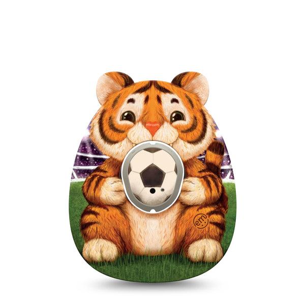 ExpressionMed Playful Tiger Dexcom G7 and Dexcom Stelo Glucose Biosensor System, Single Tape and Single Sticker soccer animal pattern Overlay Patch for CGM