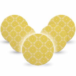 ExpressionMed Yellow Sundress Freestyle Libre and Libre 2 Plus Overpatch, Abbott Lingo, 5-Pack Tape Golden Sunbursts Pattern, Fixing Ring Patch CGM Design