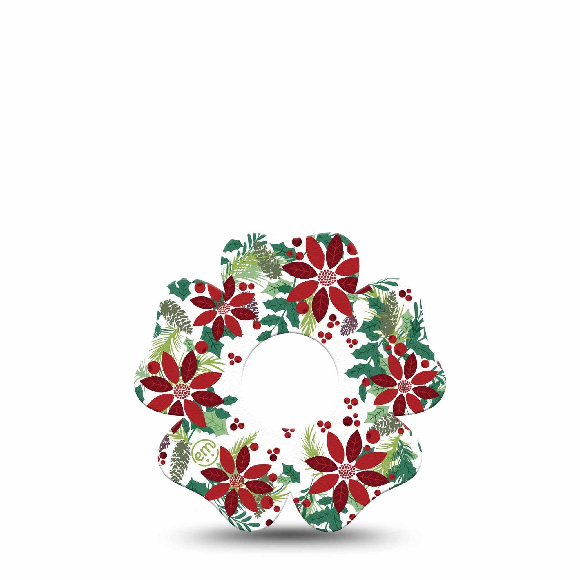 ExpressionMed Christmas Wreath Freestyle Libre 3 Flower Shape Tape Single Tape Christmas Red and Green Wreath, Adhesive Patch CGM Design