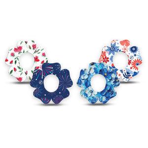 ExpressionMed Red, White & Bloom Variety Pack Dexcom G7 Flower Shape Tape, Dexcom Stelo Glucose Biosensor System, 4-Pack Tape Variety Blue Red White Celebration, Adhesive Tape CGM Design