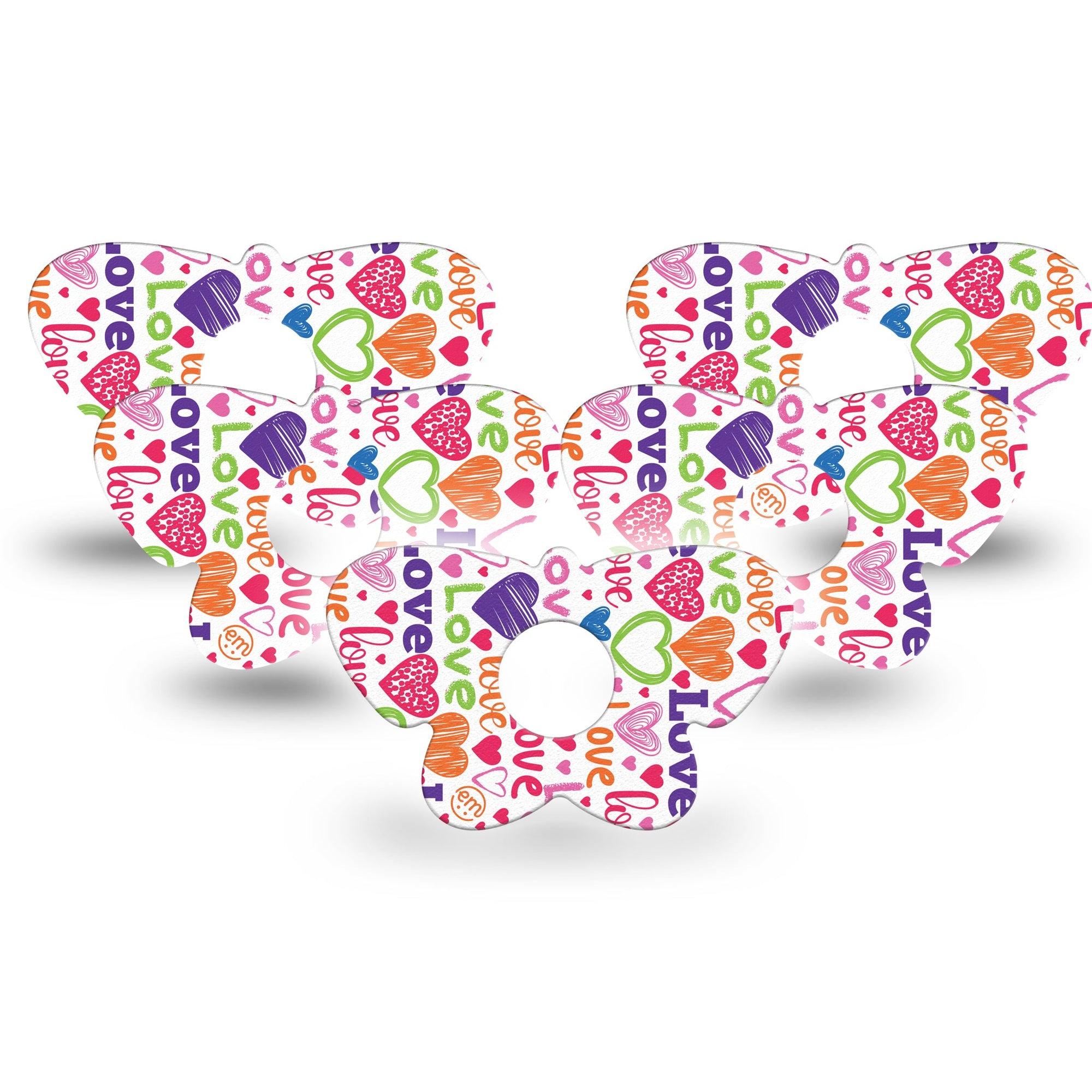 ExpressionMed Abundance of Love Freestyle Libre 3 Butterfly Shape Tape 5-Pack Tape Crayon Drawn Hearts, Overlay Patch CGM Design