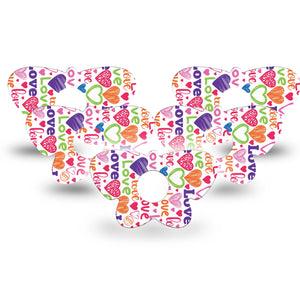 ExpressionMed Abundance of Love Freestyle Libre 3 Butterfly Shape Tape 5-Pack Tape Crayon Drawn Hearts, Overlay Patch CGM Design