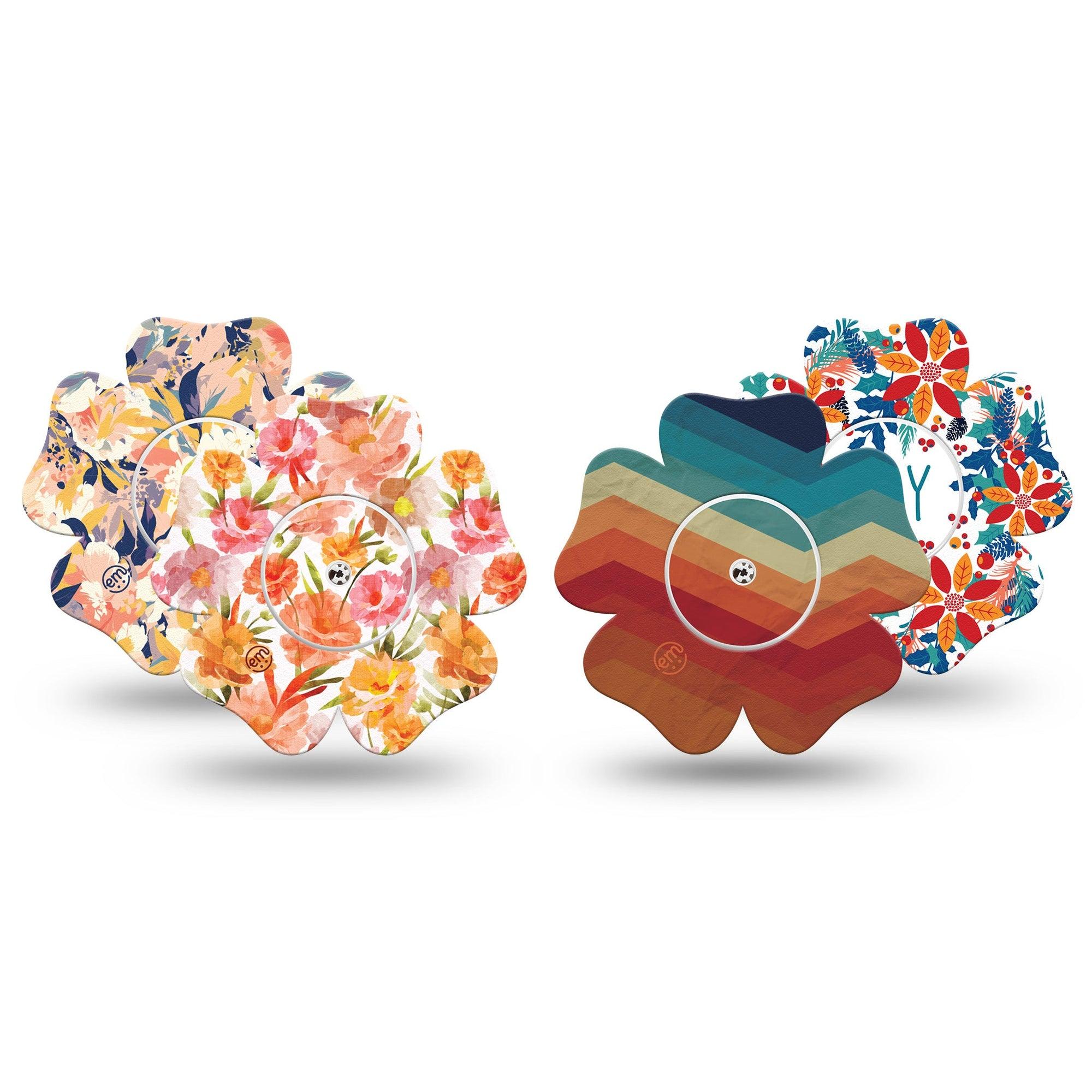 ExpressionMed Jewel Tone Glow Variety Pack Freestyle Libre 2 and Libre 2 Plus Flower Shape Tape, Abbott Lingo, 4-Pack Tape and 4-Pack Stickers Variety Fun Florals for Winter, Plaster CGM Design