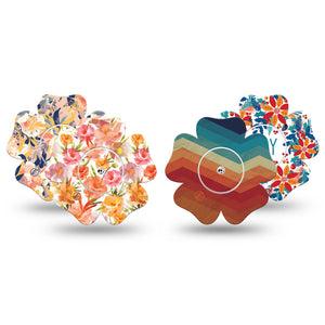 ExpressionMed Jewel Tone Glow Variety Pack Freestyle Libre 2 and Libre 2 Plus Flower Shape Tape, Abbott Lingo, 4-Pack Tape and 4-Pack Stickers Variety Fun Florals for Winter, Plaster CGM Design
