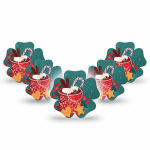 ExpressionMed Hot Chocolate Freestyle Libre 3 Flower Shape Tape 5-Pack Tape and 5-Pack Sticker Hot Chocolate with Christmas Marshmallows, Plaster CGM Design