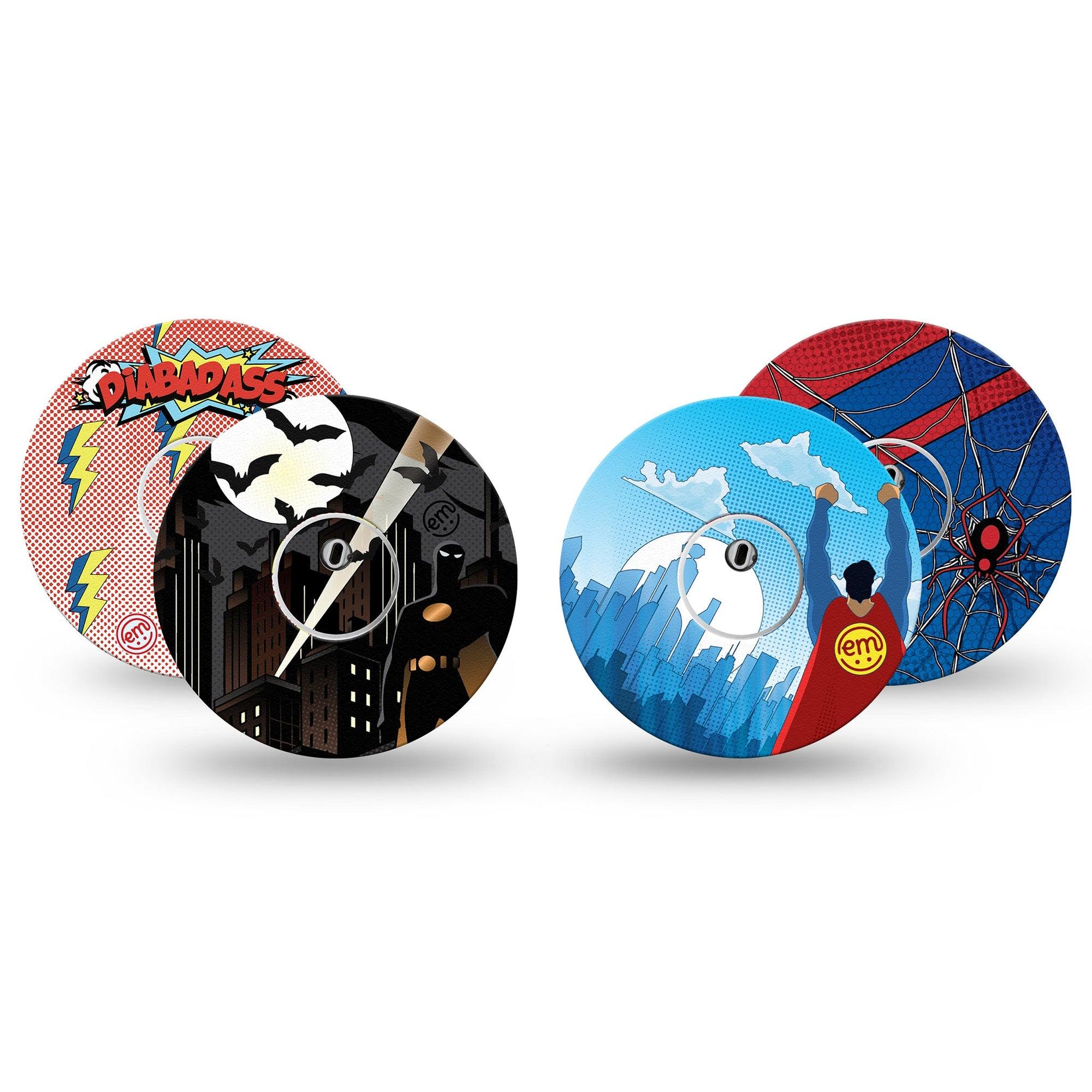 ExpressionMed Super Hero Variety Pack Freestyle Libre 3 and Libre 3 Plus Tape 4-Pack Tape and 4-Pack Sticker Variety Legendary Comic Book Icons, Adhesive Tape Continuous Glucose Monitor Design