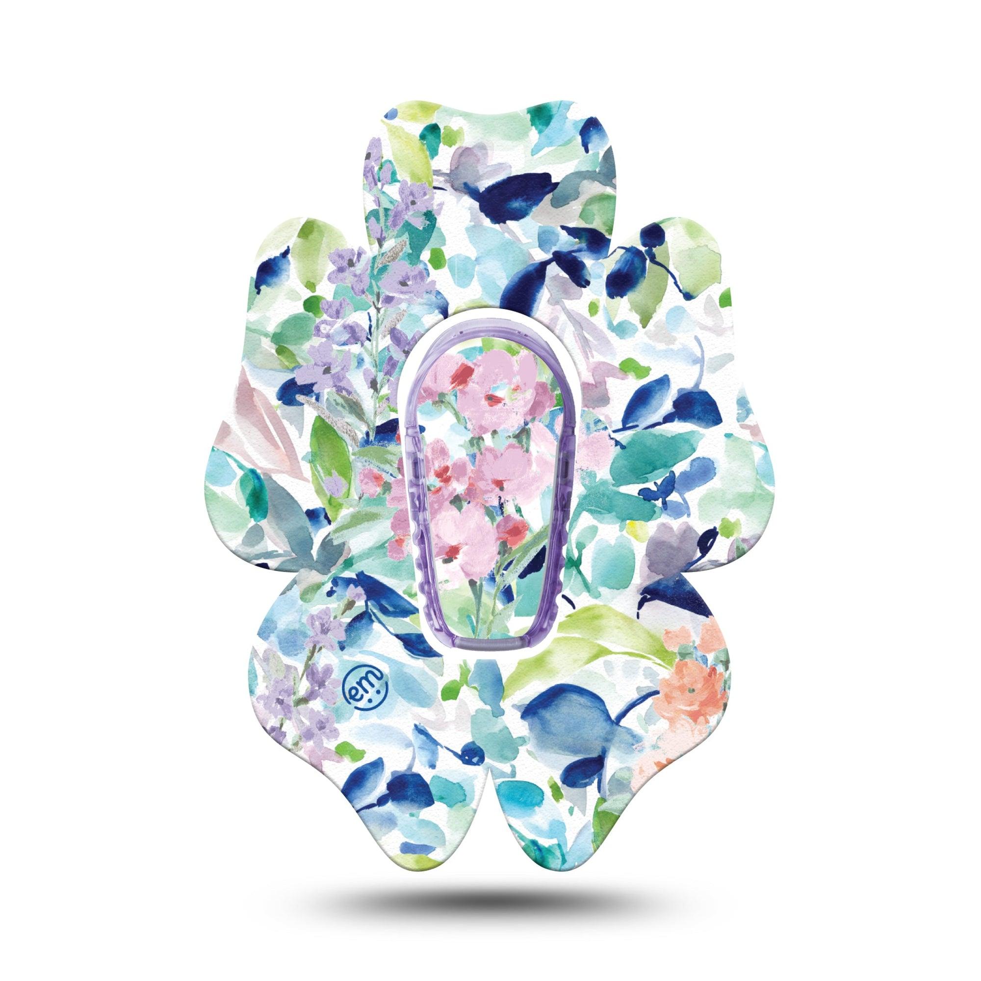 ExpressionMed Subdued Tropics Dexcom G6 Flower Shape Tape Single Tape and Single Sticker Soft Blue Pink Hues Floral Adhesive Patch Continuous Glucose Monitor Design