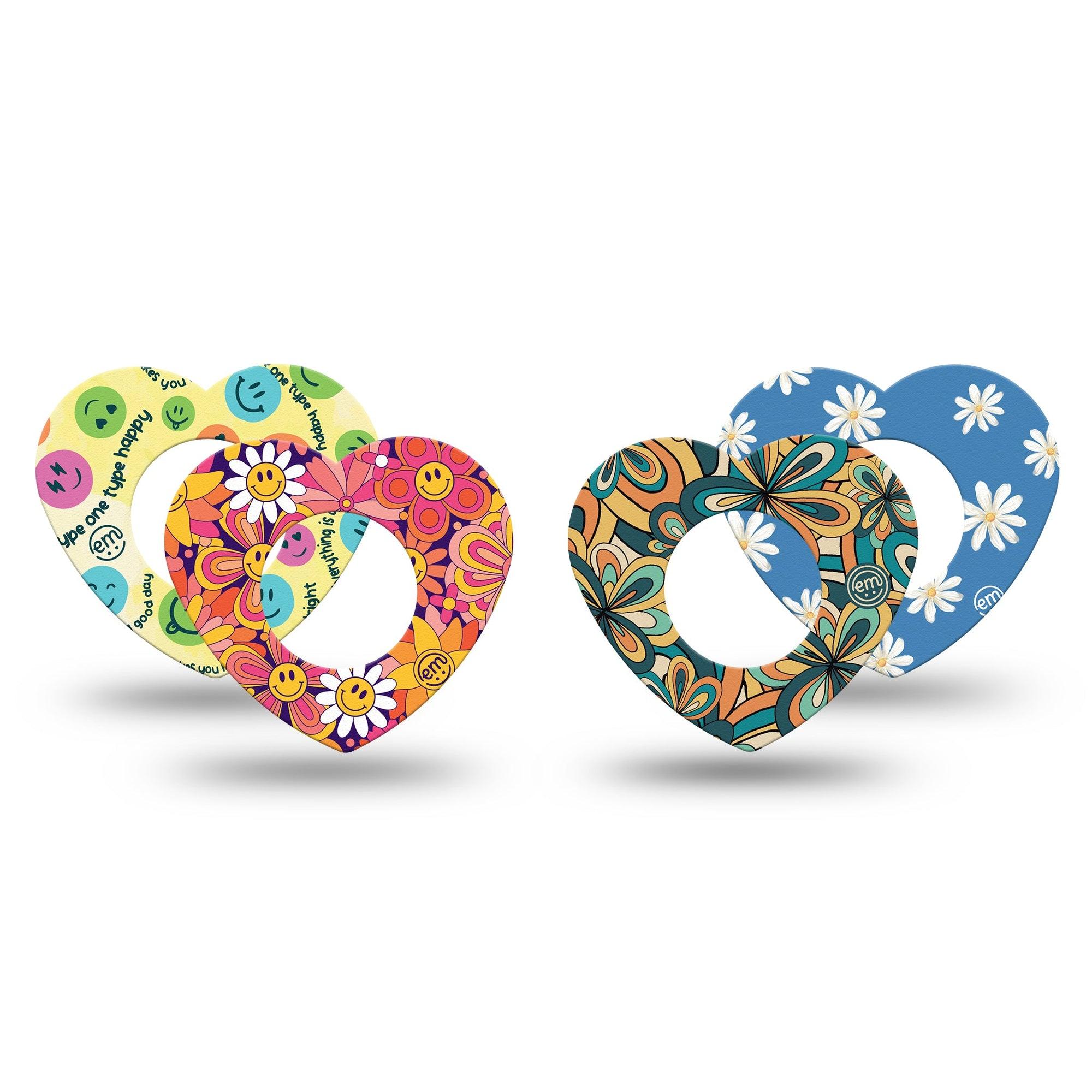 ExpressionMed Retro Rewind Freestyle Libre 2 Heart Shape Tape, Abbott Lingo,  4-Pack Retro Fun Florals and Happy Vibes Adhesive Patch CGM Design