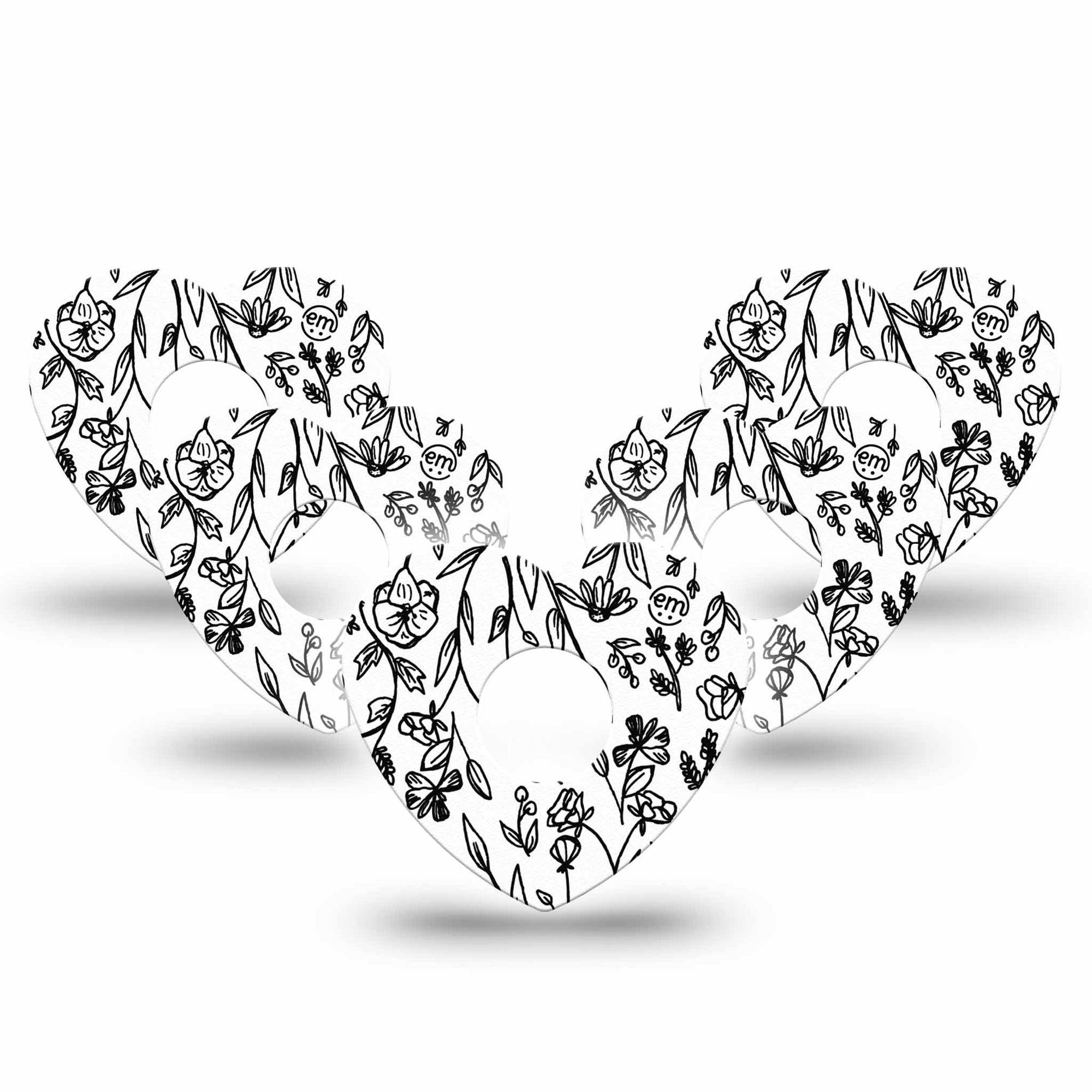 ExpressionMed Custom Black and White Floral Freestyle Libre 3 and Libre 3 Plus Heart Shape Tape 5-Pack Tape Floral Customization Overlay Tape CGM Design