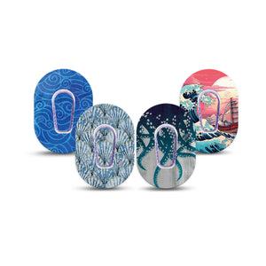 ExpressionMed Ocean Odyssey Variety Pack Dexcom G6 Mini Tape, 4-Pack Tape and 4-Pack Stickers Variety Blue Ocean Sea, Adhesive Tape CGM Design