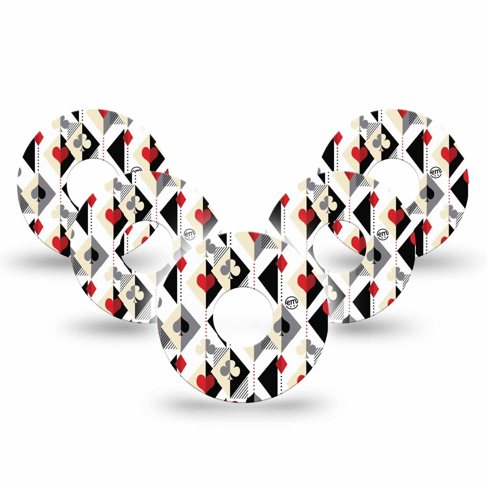 ExpressionMed Playing Cards Freestyle Libre 3 and Libre 3 Plus Tape 5-Pack Tape Fun Geometric Suites Pattern, Adhesive Tape Continuous Glucose Monitor Design