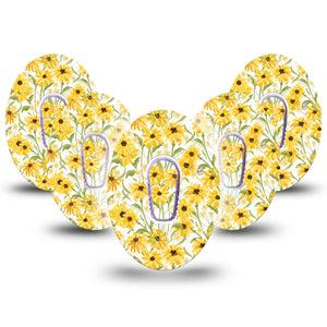 ExpressionMed Yellow Mosaic Floral Dexcom G6 Tape 5-Pack Tape and 5-Pack Sticker Gold Sunflower Garden, Plaster Continuous Glucose Monitor Design