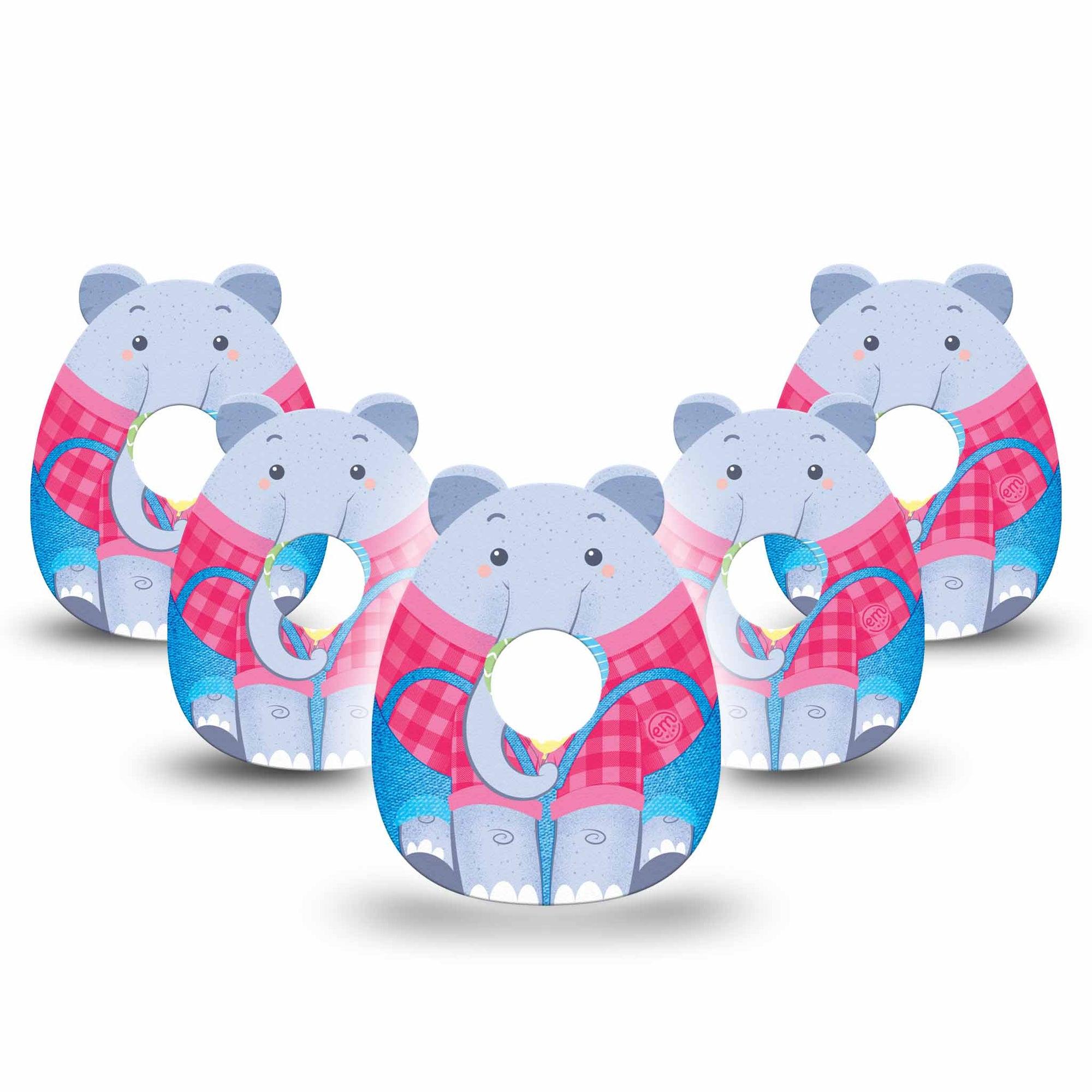 ExpressionMed Circus Elephant Freestyle Libre 3 Gumdrop Shape Tape 5-Pack Tape Cute Elephant In Overalls, Overlay Patch CGM Design