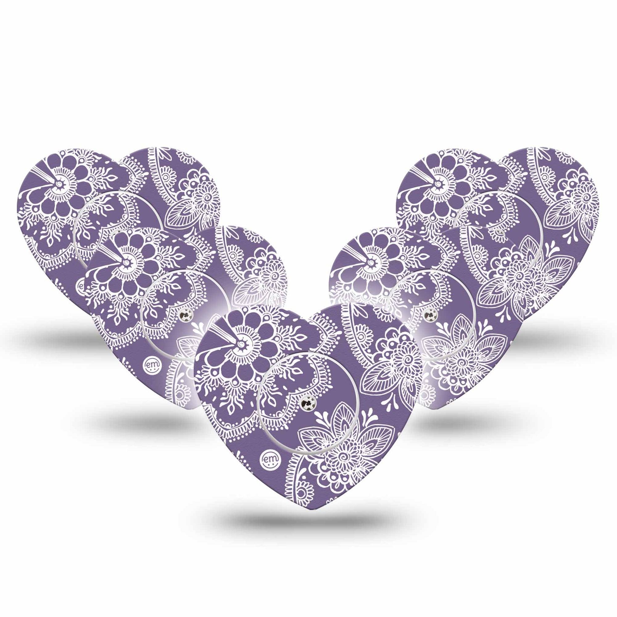 ExpressionMed Purple Henna Freestyle Libre 2 and Libre 2 Plus Heart Shape Tape, Abbott Lingo, 5-Pack Tape and 5-Pack Sticker Elegant Henna, Fixing Ring Tape CGM Design