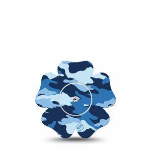 ExpressionMed Blue Camo Freestyle Libre 2 and Libre 2 Plus Flower Shape Tape, Abbott Lingo, Single Tape and Single Sticker Camouflage Pattern Plaster CGM Design