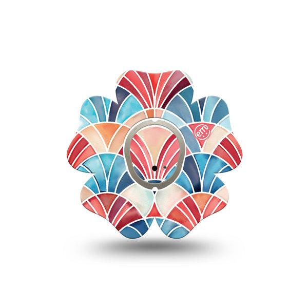 ExpressionMed Watercolor Fan Dexcom G7 and Dexcom Stelo Glucose Biosensor System Flower, Single Tape and Single Sticker Soft blue red tone fan pattern Patch for CGM