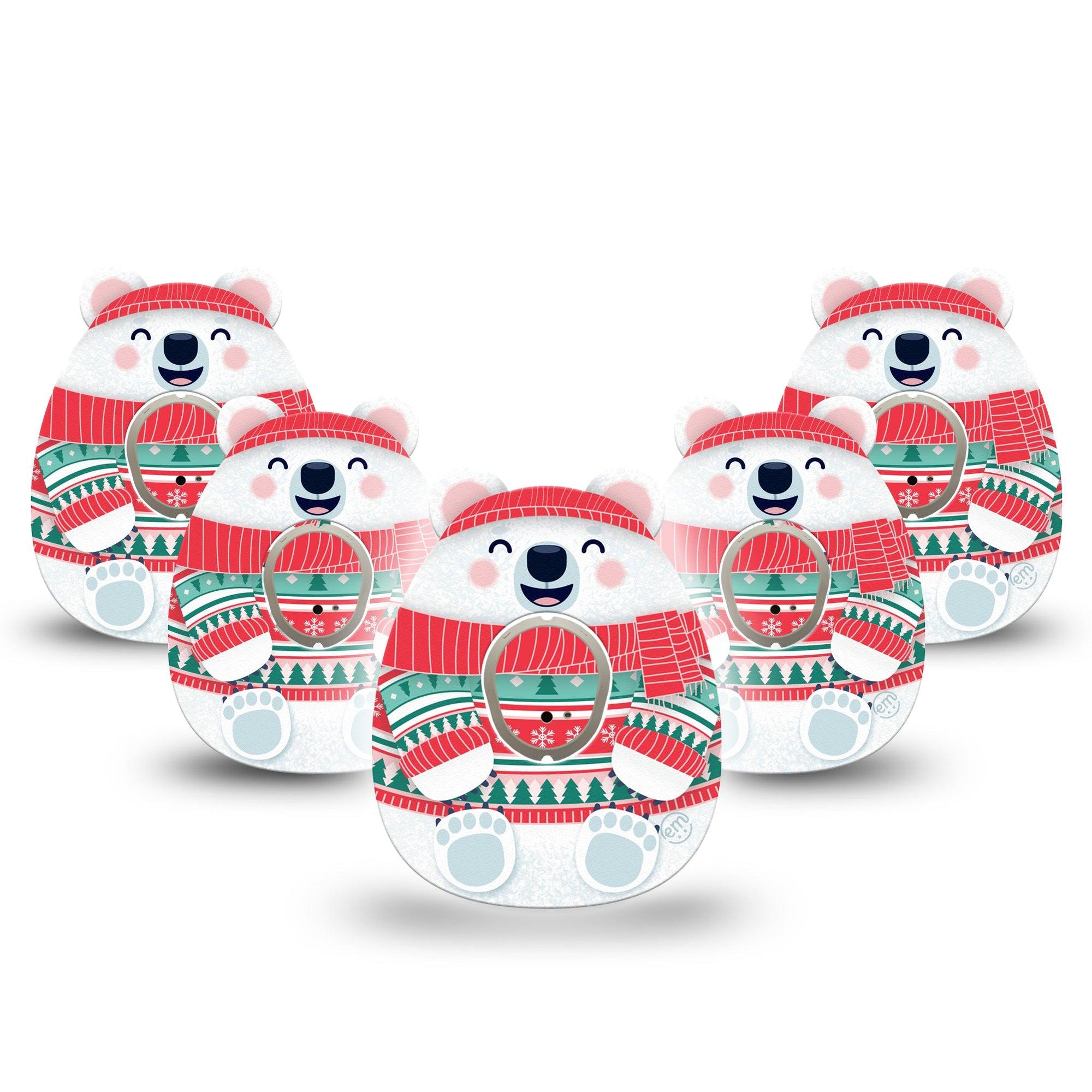 ExpressionMed Cozy Polar Bear Dexcom G7 Gumdrop Shape Tape, Dexcom Stelo Glucose Biosensor System, 5-Pack Tape and 5-Pack Sticker Sweater-Wearing Polar Bear, Patch CGM Design